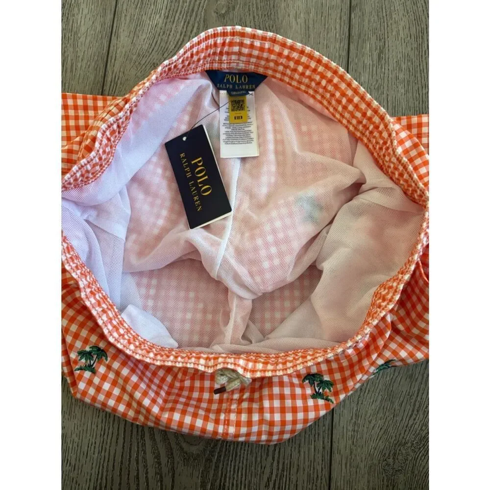Ralph Lauren Orange and White Gingham Swim Trunks with Palm Embroidery